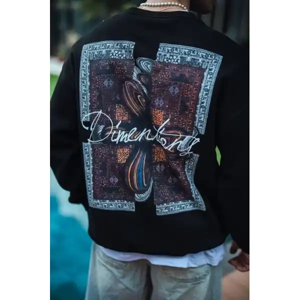 Uzun Kol Bisiklet Yaka Ön ve Arka Baskılı SweatShirt - Siyah