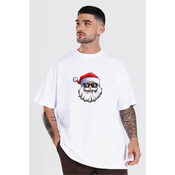 Yılbaşı Gözlüklü Noel Baba Baskılı Kısa Kollu Oversize Bisiklet Yaka T-shirt - Beyaz