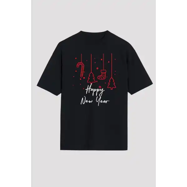 Yılbaşı Happy New Year Baskılı Kısa Kollu Oversize Bisiklet Yaka T-shirt - Siyah