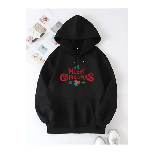 Yılbaşı Merry Christmas Baskılı Oversize Kapüşonlu Sweatshirt Hoodie - Siyah