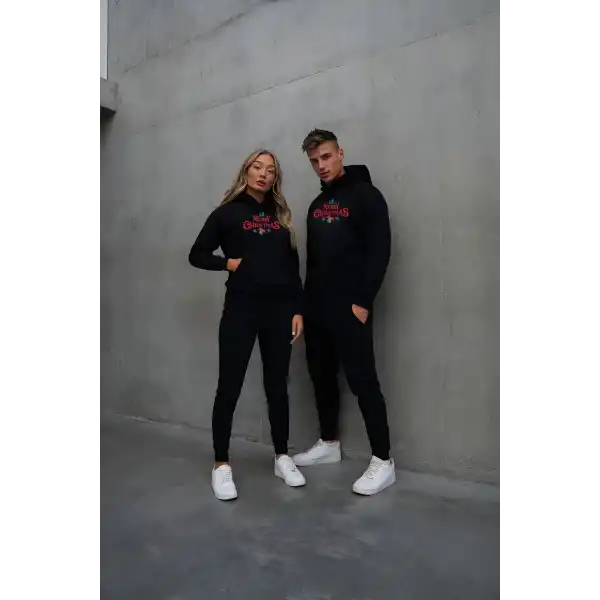 Yılbaşı Merry Christmas Baskılı Oversize Kapüşonlu Sweatshirt Hoodie - Siyah