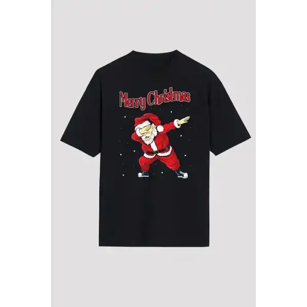 Yılbaşı Merry Christmas Noel Baba Baskılı Oversize Bisiklet Yaka T-shirt - Siyah