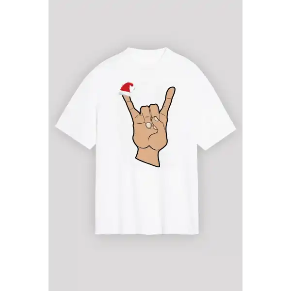 Yılbaşı Noel Başlıklı Serçe Parmak Baskılı Oversize Bisiklet Yaka T-shirt - Beyaz