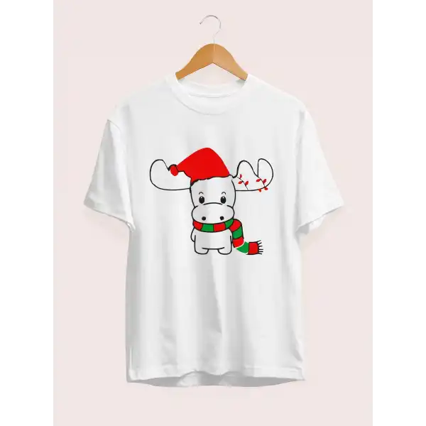 Yılbaşı Noel Ren Geyiği Baskılı Kısa Kollu Oversize Bisiklet Yaka T-shirt - Beyaz