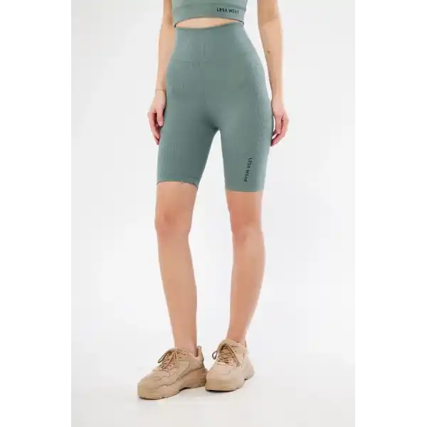 Yüksek Bel Fitilli Biker Baskılı Şort - Mint Yeşili