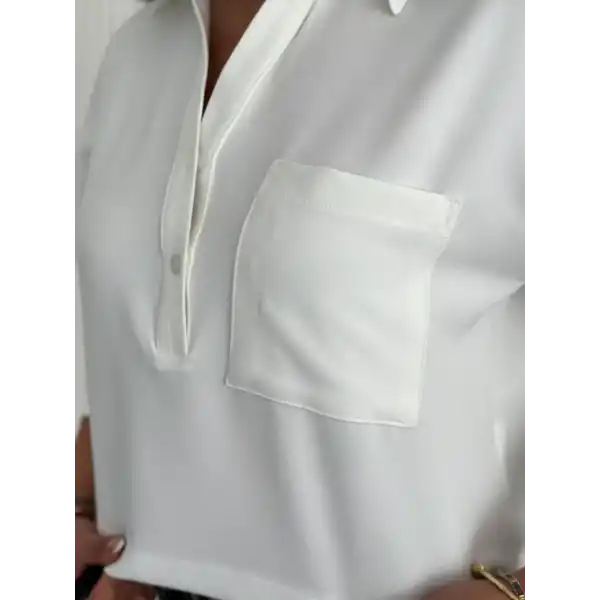 Z Krep Kadın Crop Yakalı Gömlek İlik Düğmeli Üç Çeyrek Sleeve Kol - Beyaz