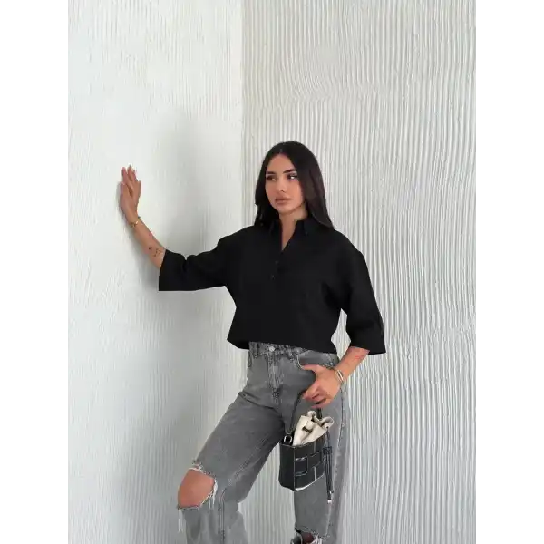 Z Krep Kadın Crop Yakalı Gömlek İlik Düğmeli Üç Çeyrek Sleeve Kol - Siyah