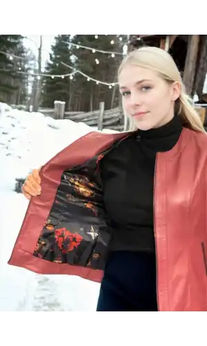 Kadın Uzun Kollu Deri Ceket - Bordo