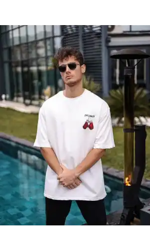 Unisex Bisiklet Yaka Baskılı Oversize T-Shirt - Beyaz