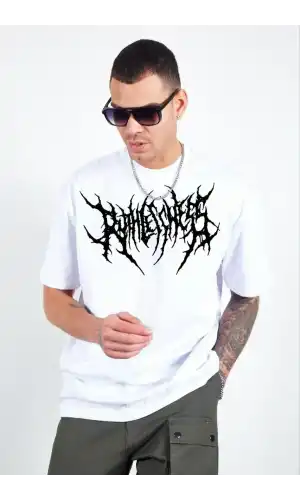 Unisex Bisiklet Yaka Baskılı Oversize T-Shirt - Beyaz