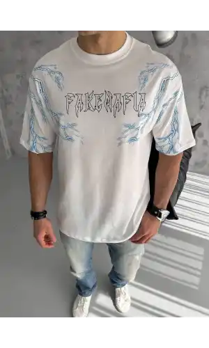 Unisex Bisiklet Yaka Baskılı Oversize T-Shirt - Beyaz