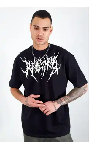 Unisex Bisiklet Yaka Baskılı Oversize T-Shirt - Siyah