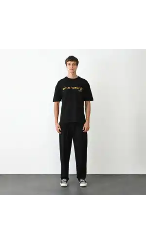 Unisex Bisiklet Yaka Baskılı Oversize T-Shirt - Siyah