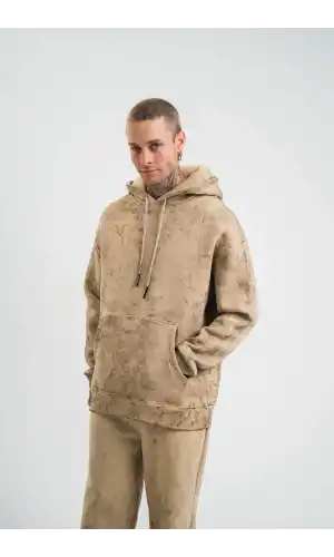 Unisex Double Oversize Kapşonlu Yıkamalı SweatShirt - Bej