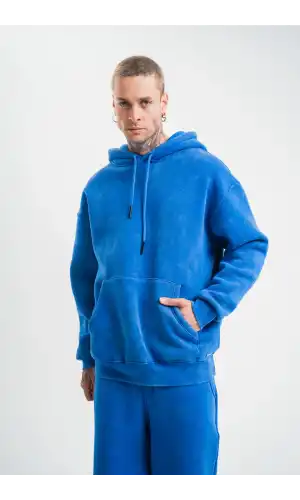 Unisex Double Oversize Kapşonlu Yıkamalı SweatShirt - Mavi