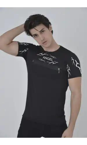 Unisex Göğüs Fermuarlı Baskılı T-Shirt - Siyah