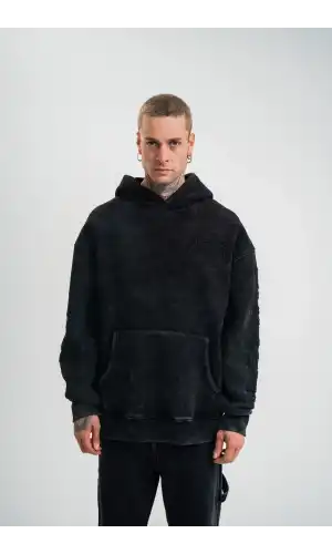 Unisex Uzun Kol Kapşonlu Yıkamalı Nakışlı SweatShirt - Siyah