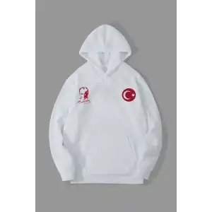 10 Kasıma Özel Üç İplik Kapüşonlu Baskılı SweatShirt - Beyaz
