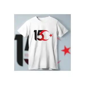 15 Temmuza Özel Tasarım Ay Yıldız Baskılı T-shirt - Beyaz