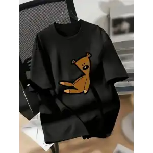 20/1 Penye Compack Ayı Baskılı Oversize Bisiklet Yaka Kısa Kol T-shirt - Siyah