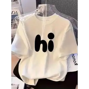 20/1 Penye Compack Baskılı Oversize Bisiklet Yaka Kısa Kol Yazlık T-shirt - Beyaz