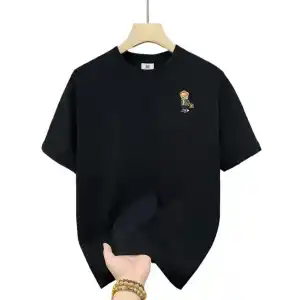 20/1 Penye Compack Gözlüklü Ayı Baskılı Oversize Bisiklet Yaka Erkek T-shirt - Siyah