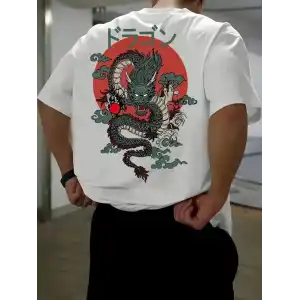 20/1 Penye Compack Ön Arka Ejder Baskılı Oversize Bisiklet Yaka T-shirt - Beyaz