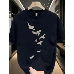 20/1 Penye Compack Özgür kuşlar Baskılı Baskılı Oversize Bisiklet Yaka T-shirt - Beyaz