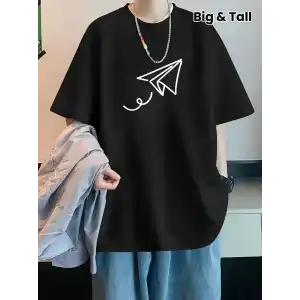 20/1 Penye Compack Uçak Baskılı Oversize Bisiklet Yaka Kısa Kol T-shirt - Siyah