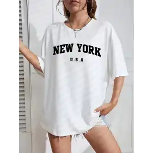 20/1 Penye CompackNew York Baskılı Oversize Kısa Kol Bisiklet Yaka T-shirt - Beyaz