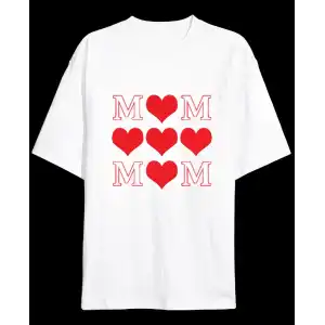 Anneler Gününe Özel Tasarım MOM Kalp Baskılı T-shirt - Beyaz