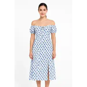 Bardot Omuzu Acık Çiçek Desenli Elbise - Desenli