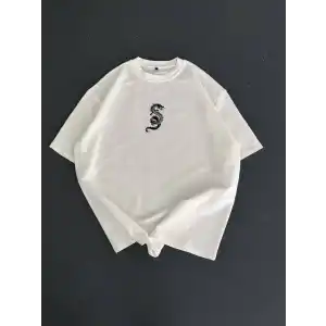 Baskılı Oversize Bisiklet Yaka T-shirt - Beyaz