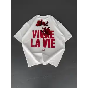 Baskılı Oversize Bisiklet Yaka T-shirt - Beyaz