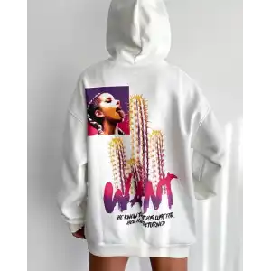 Baskılı Üç İplik Kapüşonlu Oversize Sweatshirt - Beyaz