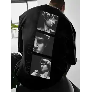 Benzersiz Sırt Baskılı Erkek Sokak Stili Bol Tişört - Nefes Alabilir Polyester, Makinede Yıkanabilir - Siyah