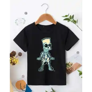 Bisiklet Yaka Kısa Kol Çocuk Baskılı T-Shirt - Siyah