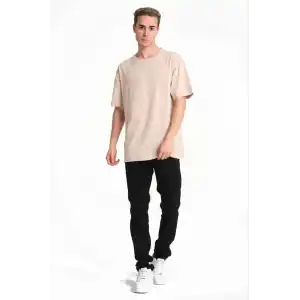 Erkek 24/1 Düz A Kalite Oversize T-shirt - Bej