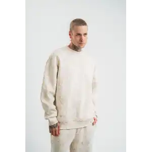 Erkek 3 İplik Pamuklu Yağ Yıkamalı Sweatshirt Double Oversize Bisiklet Yaka Uzun Kol - Krem