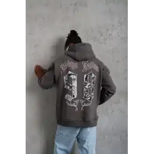 Erkek 98 Baskılı Kapşonlu Sweat - Gri