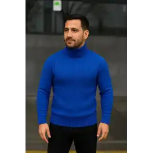 Erkek Balıkcı Yaka Bağazlı Triko Kazak Pamuklu Kalın Fitilli Dokuma, Regular Fit Uzun Kollu Kışlık Model - Saks Mavisi