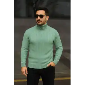 Erkek Balıkcı Yaka Bağazlı Triko Kazak Pamuklu Kalın Fitilli Dokuma, Regular Fit Uzun Kollu Kışlık Model - Mint Yeşili