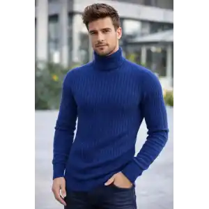 Erkek Balıkcı Yaka Bağazlı Triko Kazak Pamuklu Kalın Fitilli Dokuma, Regular Fit Uzun Kollu Kışlık Model - İndigo