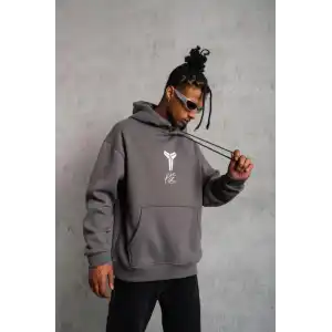 Erkek Baskılı Kapüşonlu Sweat - Gri