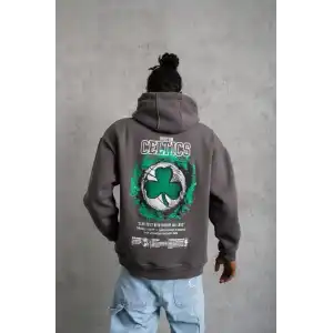 Erkek Baskılı Kapüşonlu ve Kordon İpli Sweat - Gri