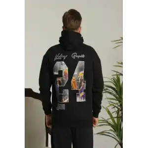 Erkek Baskılı Oversize Üç İplik Kapüşonlu Sweatshirt - Siyah