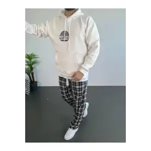 Erkek Baskılı Üç İplik Kapüşonlu Oversize Sweatshirt - Beyaz