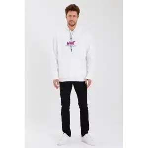 Erkek Baskılı Üç İplik Kapüşonlu Oversize Sweatshirt - Beyaz