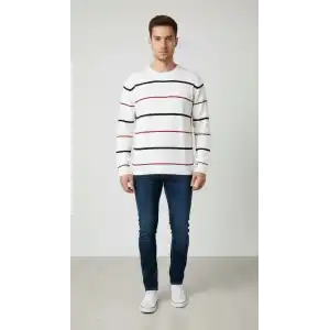 Erkek Bisiklet Yaka Cizgili Triko Kazak yumuşak dokulu Pamuklu ince Dokuma, uzun kollu Rahat Regular kalıp - Beyaz