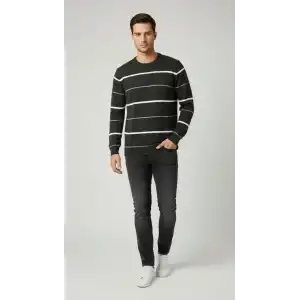 Erkek Bisiklet Yaka Cizgili Triko Kazak yumuşak dokulu Pamuklu ince Dokuma, uzun kollu Rahat Regular kalıp - Füme